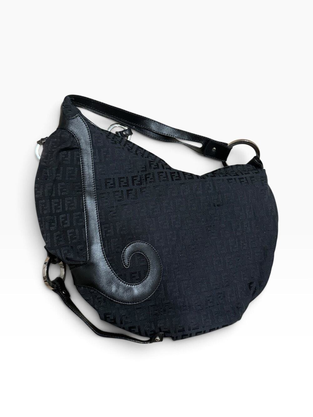 Vintage Y2K Fendi FF Monogram Zucchino Logo Biga Oyster Shoulder Bag Black Large